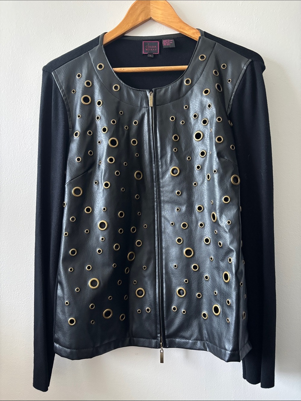 Colour Works Black Faux Leather Jacket with Gold Eyelet Accents